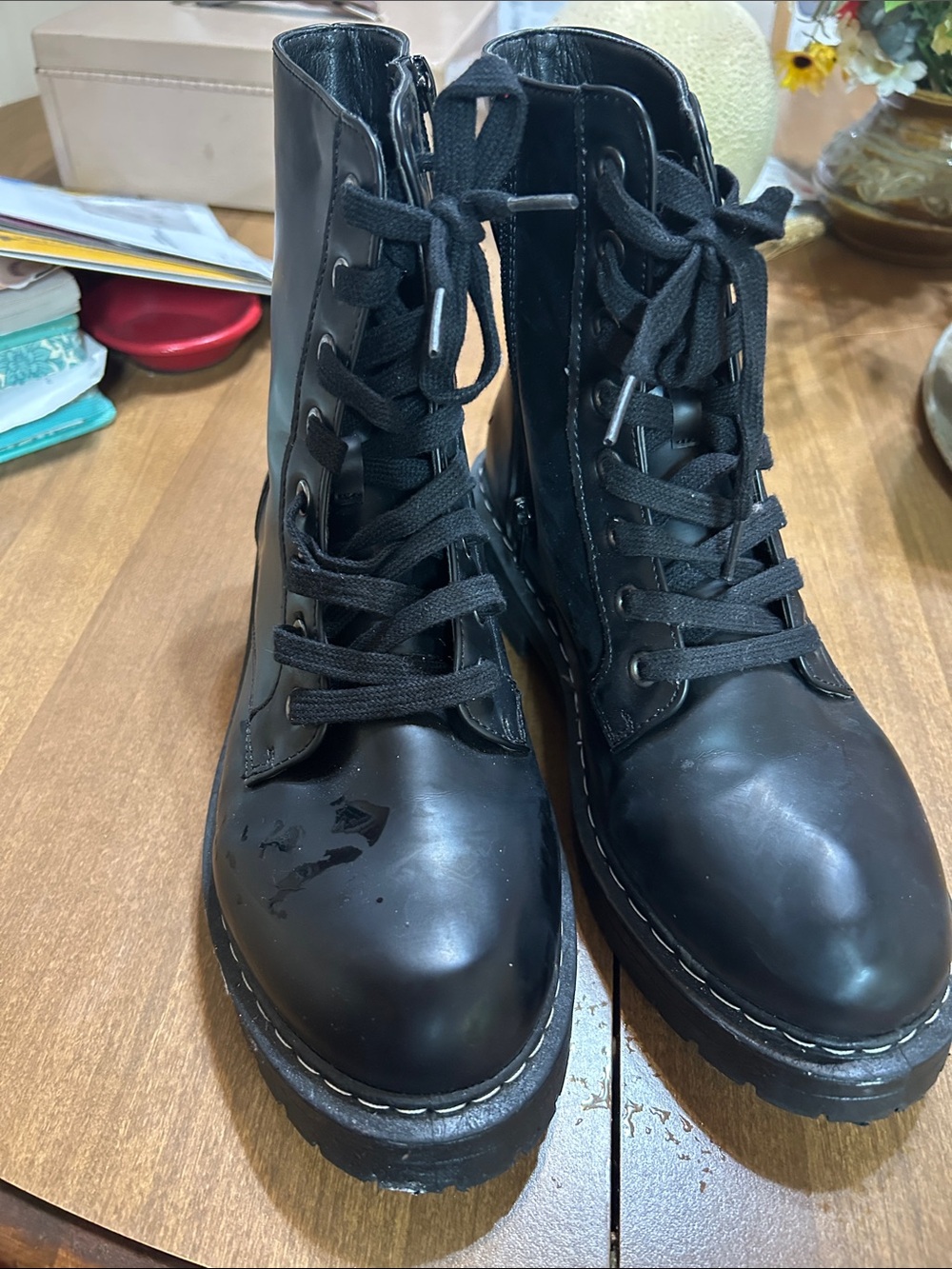 True Craft Black Combat Boots with side zippers.